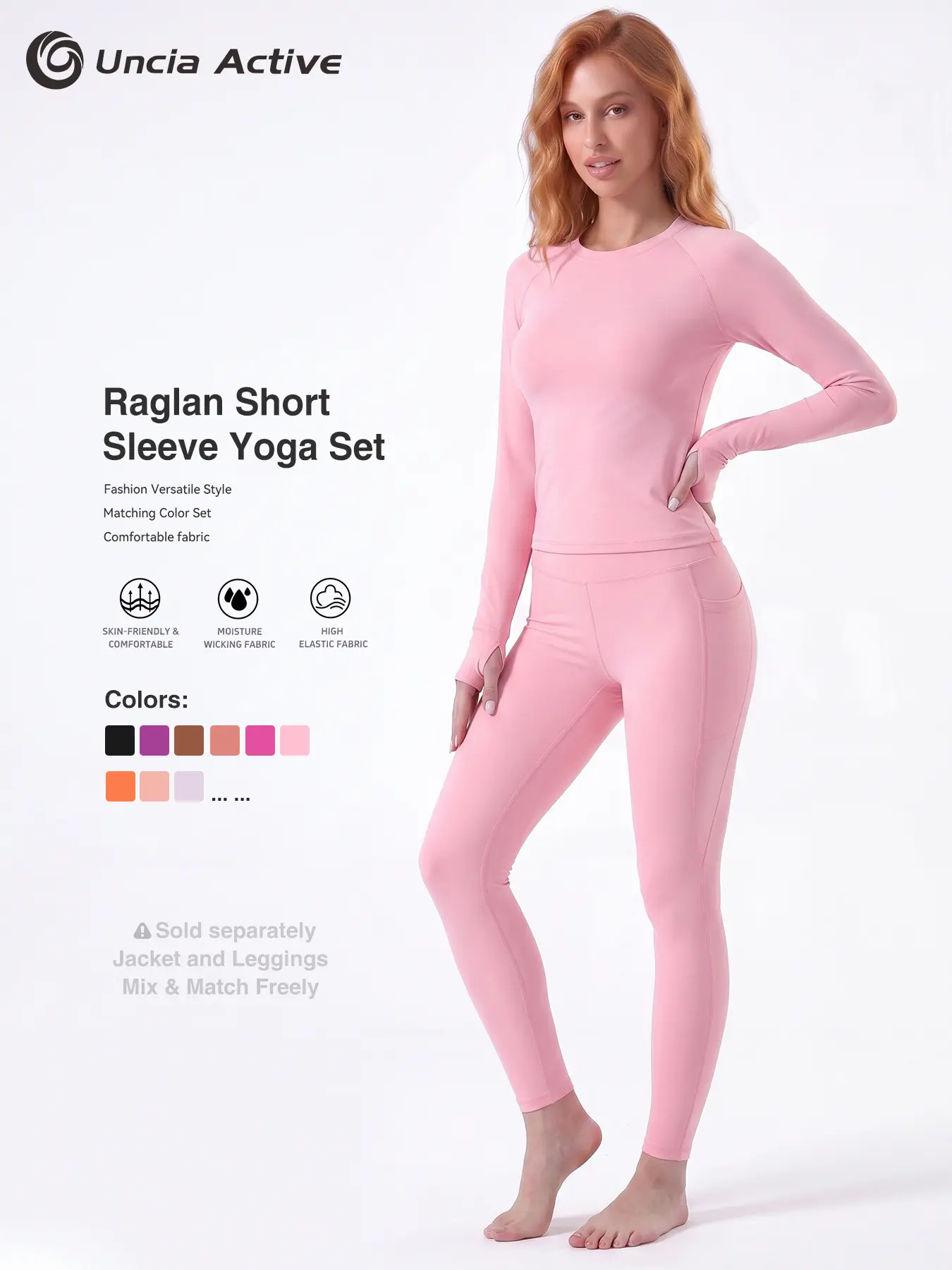 Uncia Active Women's 2 Piece Yoga Set, Raglan Sleeve Top with Thumb Holes & High Waist Tummy Control Leggings with Pocket, Polyester Blend, Women's Clothes, 2 Piece Sets, Workout Sets Women