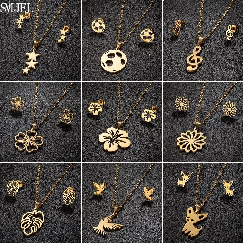 Stainless Steel Soccer Jewelry Sets for Men Bohemia Daisy Sakura Lily Flower Necklaces Tiny Music Earrings Women Pendientes