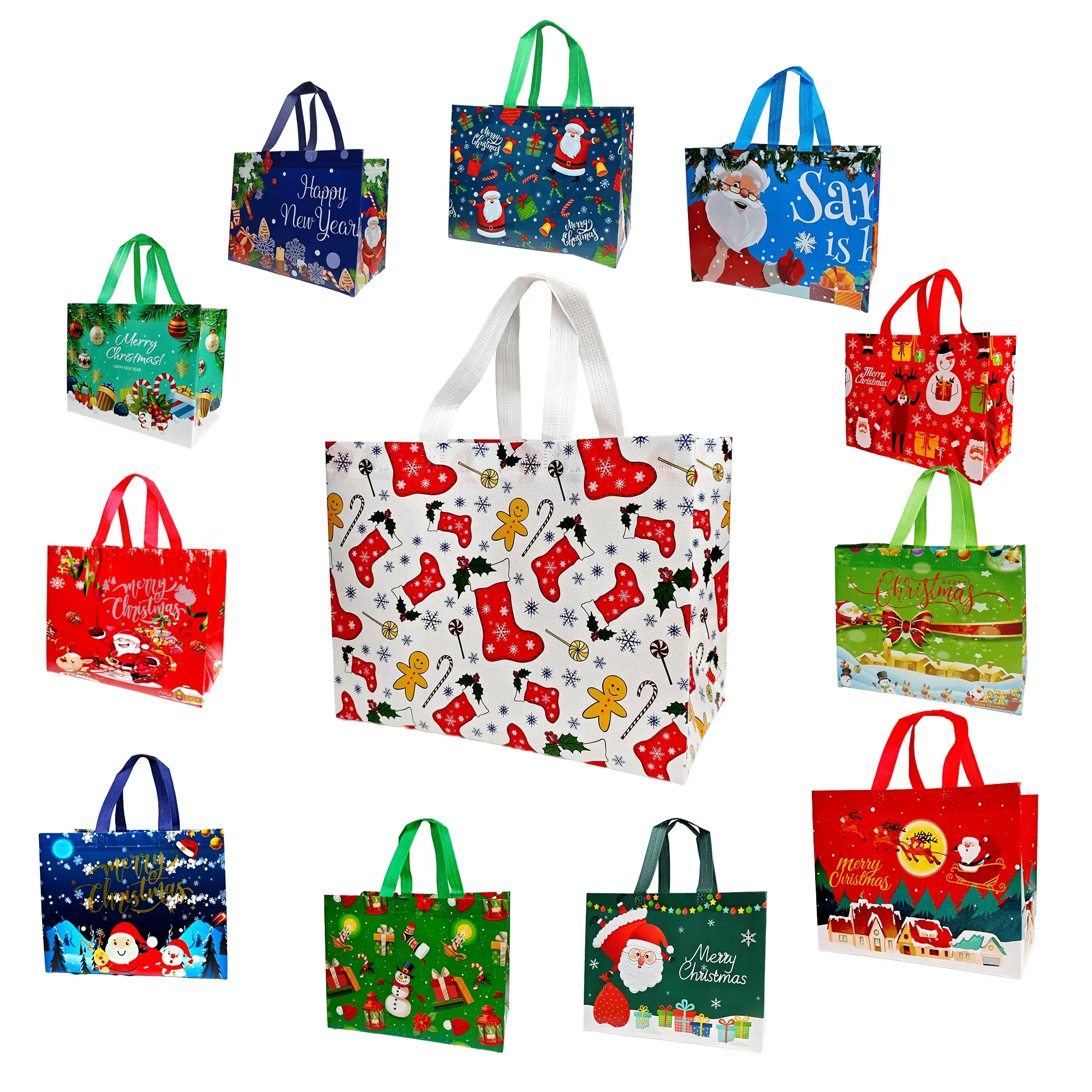 12PCS Reusable Non-Woven Christmas Gift Bags with Carry Handles - Large, Foldable 32.5 × 17 × 25 Cm Tote Bags for Adult Holiday Gift Wrapping, Party Favors