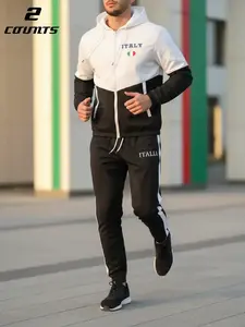 Men's 2 Piece Tracksuit Set, Hooded Jacket & Drawstring Pants with Italy/Italia Graphic Print, Sporty Casual Outfit for Italian Style Enthusiasts & Urban Fashion Lovers, Athleisure Design with National Flag-Inspired Details, Streetwear Tracksuit Set