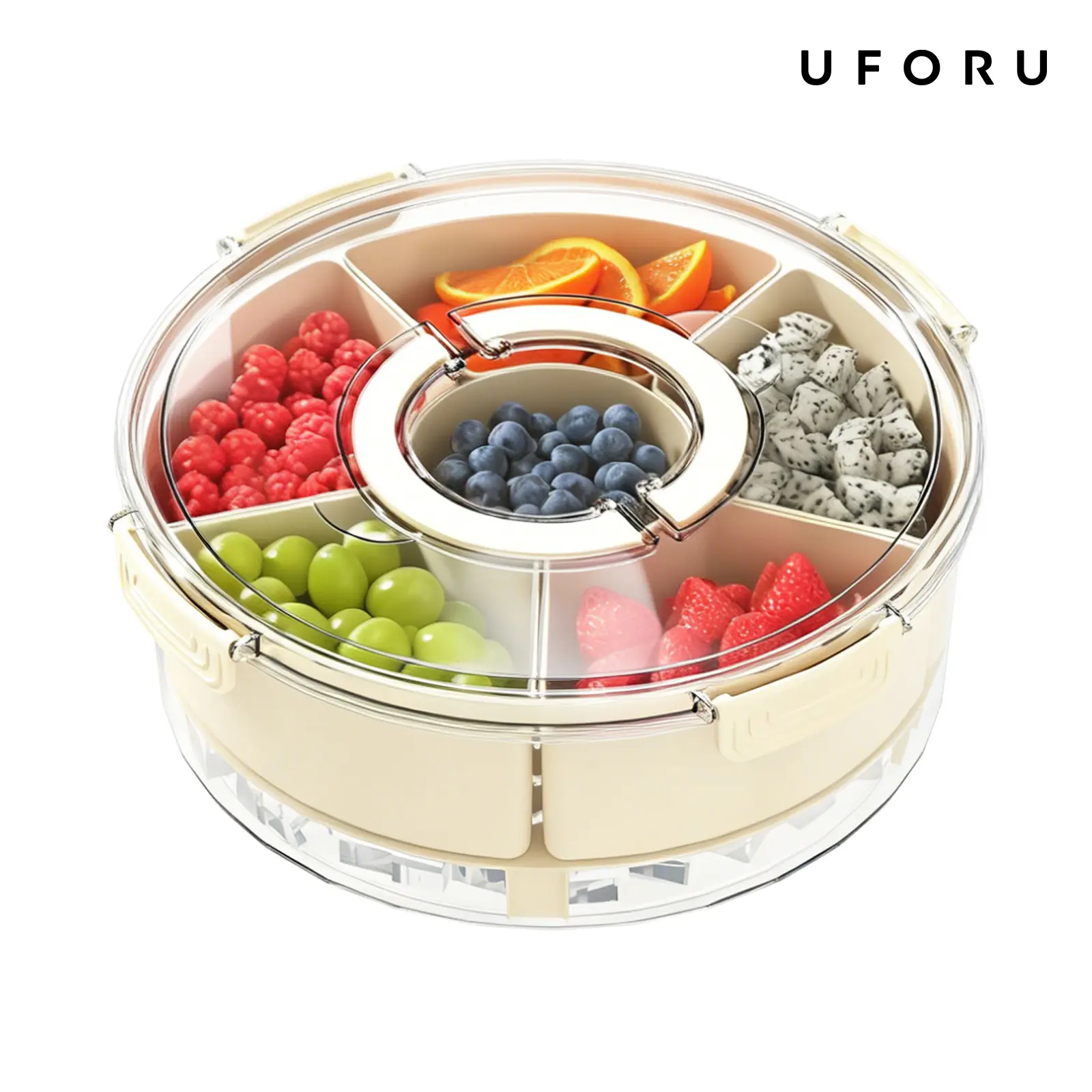 UFORU Rotating Multipurpose Food Organizer, 1-Piece 6-Compartment Detachable Reusable Snack Container with Lid, Sealable Plastic Storage Box for Kitchen Utensils & Gadgets, Fruit & Vegetables, Reusable Snack Containers