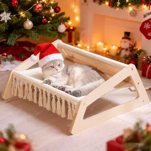 Cat Hammock Bed with Removable Washable Cover, Pet Couch Sofa for Indoor Cats Elevated Kitty Lounge Chair Suitable for Puppy, Wooden Cat Furniture(Large)