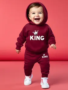 Cute Boy Junior Casual Sports Set, Simple Cartoon Crown Letter Print Fall Clothes Set, Hooded Sweatshirt Pants, Spring