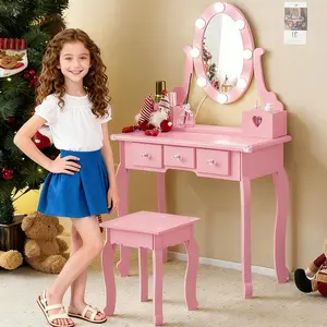 Macaroon Pink Wooden Vanity Table and Chair Set for Children with Lighted Mirror, Makeup Storage Rack, Brush Holder, and Stool - Pretend Play Dressing Table for Girls
