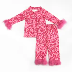 Hot Pink Leopard Print Long Sleeve Feather Girls Pajamas