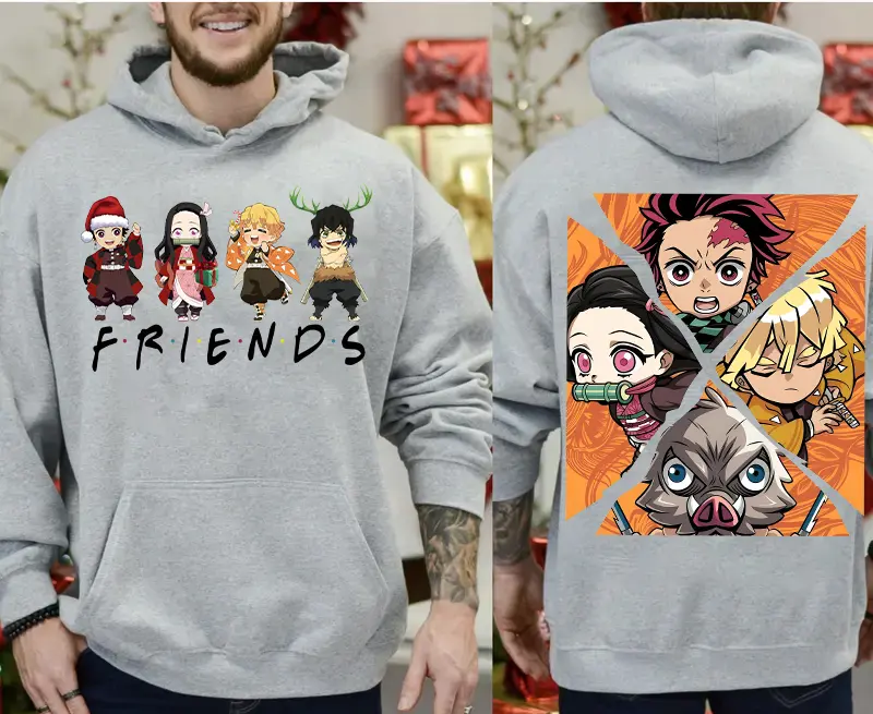 Demon Slayer Friends 2 Slide Anime Hoodie, Tanjiro Nezuko Inosuke Zenitsu Sweatshirt, Kimetsu No Yaiba Shirt, Unisex Sweater Pullover Tee