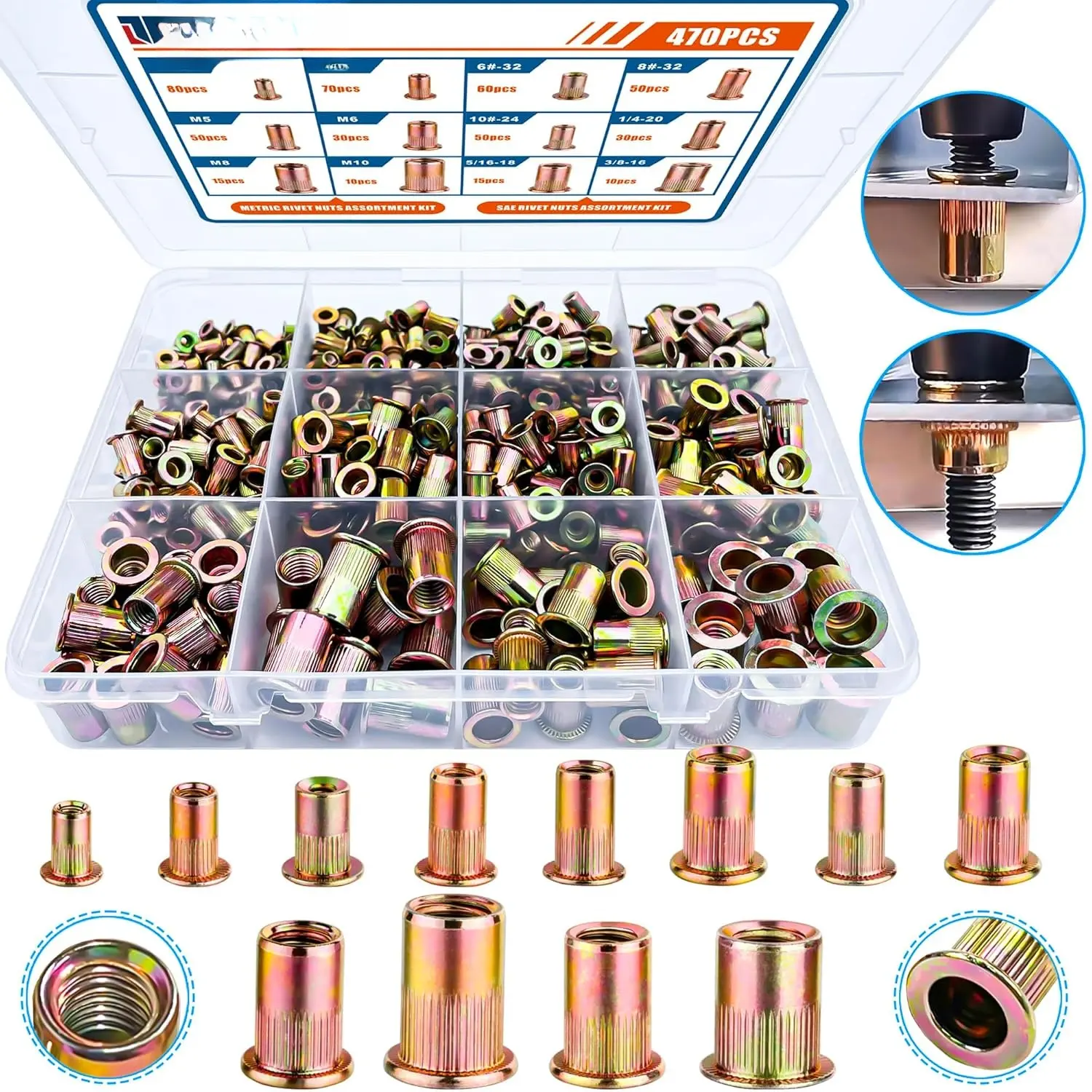 Rivet Nut Hardware Kit - 470-Count Multi-Size SAE & Metric UNC Set, Zinc Plated Carbon Steel Knurled Deep Fluting Threaded Inserts for Industrial Use (6-32,8-32,10-24,1/4"-20,5/16"-18,3/8"-16,M3,M4,M5,M6,M8,M10)