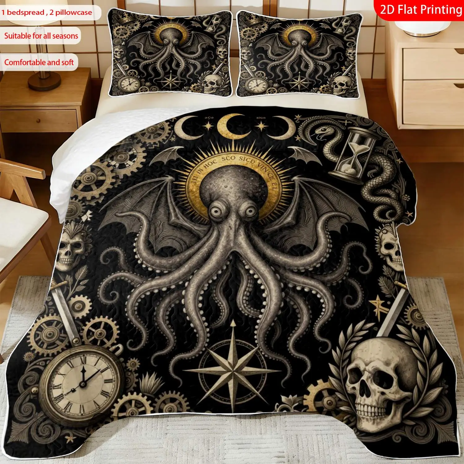 3 pcs, 2D Flat Print Gothic Octopus Skull Bedspread Set, Soft and Comfortable, Multiple Sizes Available, Suitable for Gifting and Daily Use, Ideal for Creating a Cozy Home Atmosphere(1 bedspread , 2 pillowcases)
