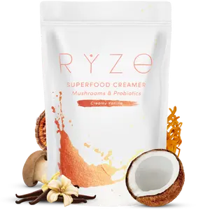 RYZE Superfood Probiotic Coffee Creamer with 6 Organic Adaptogenic Mushrooms & Probiotics for Energy, Focus, Digestion with USA Grown Turkey Tail, Shiitake, Lion's Mane, Reishi, Gluten Free 30 serving