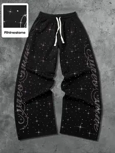 Street Life Streetwear Style Rhinestone English Text Straight Leg Fit Sweatpants