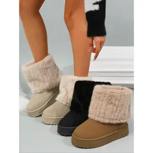 Women’s Fuzzy Boots, Solid Color, Flat Sole, Plush Lined, Winter Snow Boots, Comfortable Warm Shoes for Cold Weather