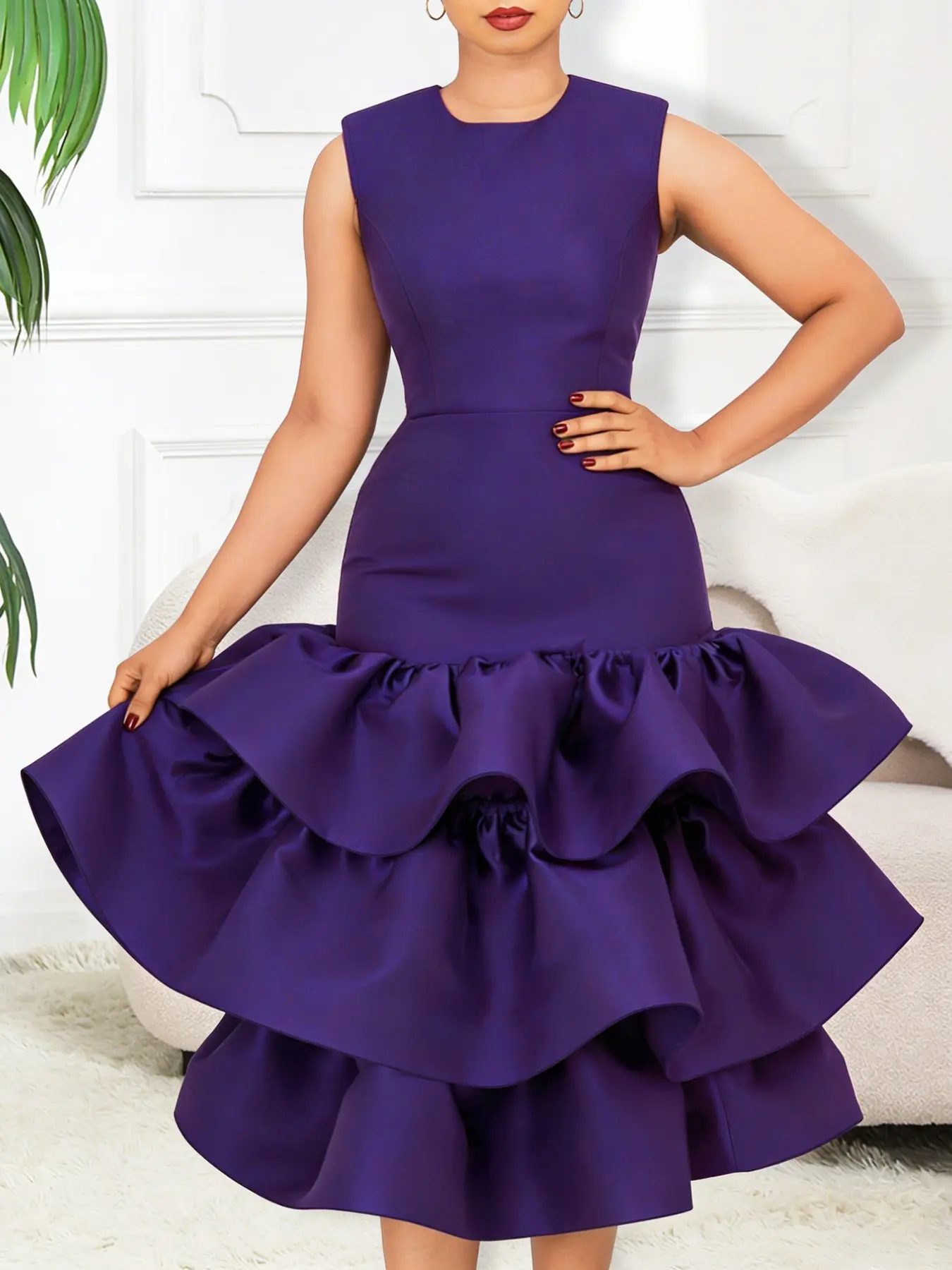 Women's Vintage Style Dress, Round Neck, Fitted Silhouette, Ruffled Hem, Elegant Solid Color, Perfect for Cocktail Parties, Weddings, All Seasons