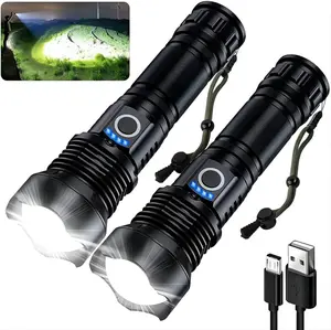 2 pcs Rechargeable Strong Flashlight, 1000000LumensHigh Brightness XHP50.2 LED 2 PackWater-Resistant, 5 Modes for Various LightingNeeds super strong usb rechargeable