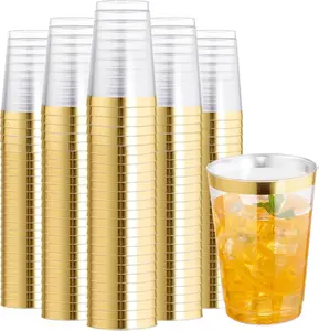 200 Pack 12 oz Gold Plastic Cups, Clear Disposable Cups, Disposable Plastic Wine Glasses Cocktail Glasses Premium Cups with Gold Rim, 12 Ounce Tumblers for Party & Wedding