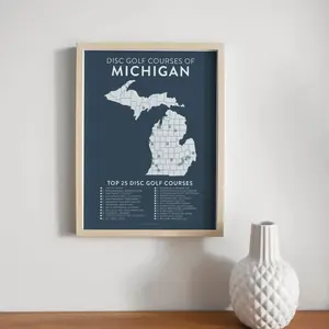 Top 25 Michigan Disc Golf Courses Poster, Frisbee Golf Checklist Map, Sport Vintage Decor, Gifts for Disc Golfers, Trendy Sports Art Print, Man Cave Decor