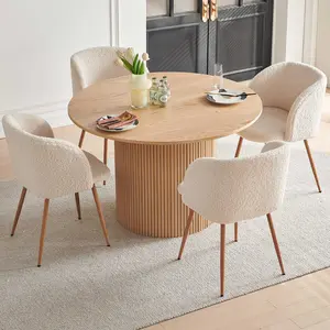 5 Piece Modern Round Dining Table and 4 Off White Barrel Kitchen Chairs Set, 47" Kitchen Table Wooden with Oak Veneer Tabletop, Faux Fur Sherpa Round Dining Chairs Table Set, Metal Frame