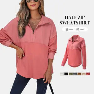 Shewin 2026 Spring Women's Cozy Oversized Waffle Knit Half-Zip Pullover Long Sleeve Sweatshirt - Cotton Polyester Comfy Casual Knitwear for Daily & Spring Outfits