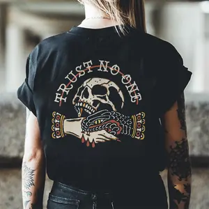 TRUST NO ONE PRINTED SKULL T-SHIRT, Ladies Summer Outfit, Gift For Women, Mothers Day Gift, Gift For Girl Friend, Full Size, Full Color