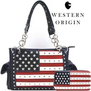 Western Origin American Flag Studded Tote Bag & Matching Wallet Set - Buy Tote Get Wallet Free, Patriotic USA Flag Shoulder Purse Combo, PU Leather with Rhinestone & Star Studs