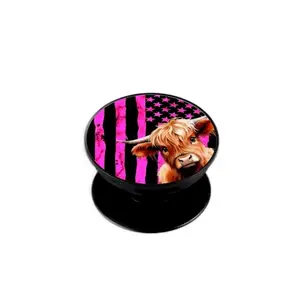 Highland Cow Pink Flag Phone Grip Stand Foldable Collapsible Adorable Cellphone Holder for Hands-Free Viewing