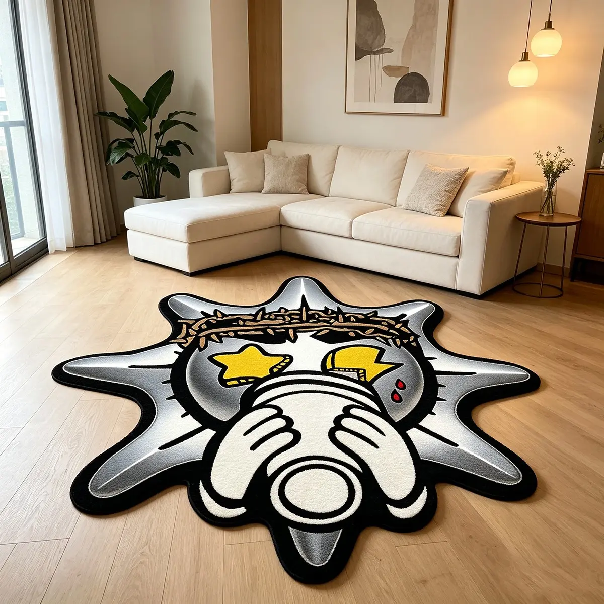 1 piece Creative Artistic Pattern Rug/Mat, Indoor Floor Rug, Home Decor Rug, Decorative Area Rug, Trendy Graffiti Sun Pattern Rug, Pet Anti-Slip Mat, Thickened Soft Plush Anti-Slip Mat, Suitable for Living Room, Bedroom, Leisure Area, Machine Washable