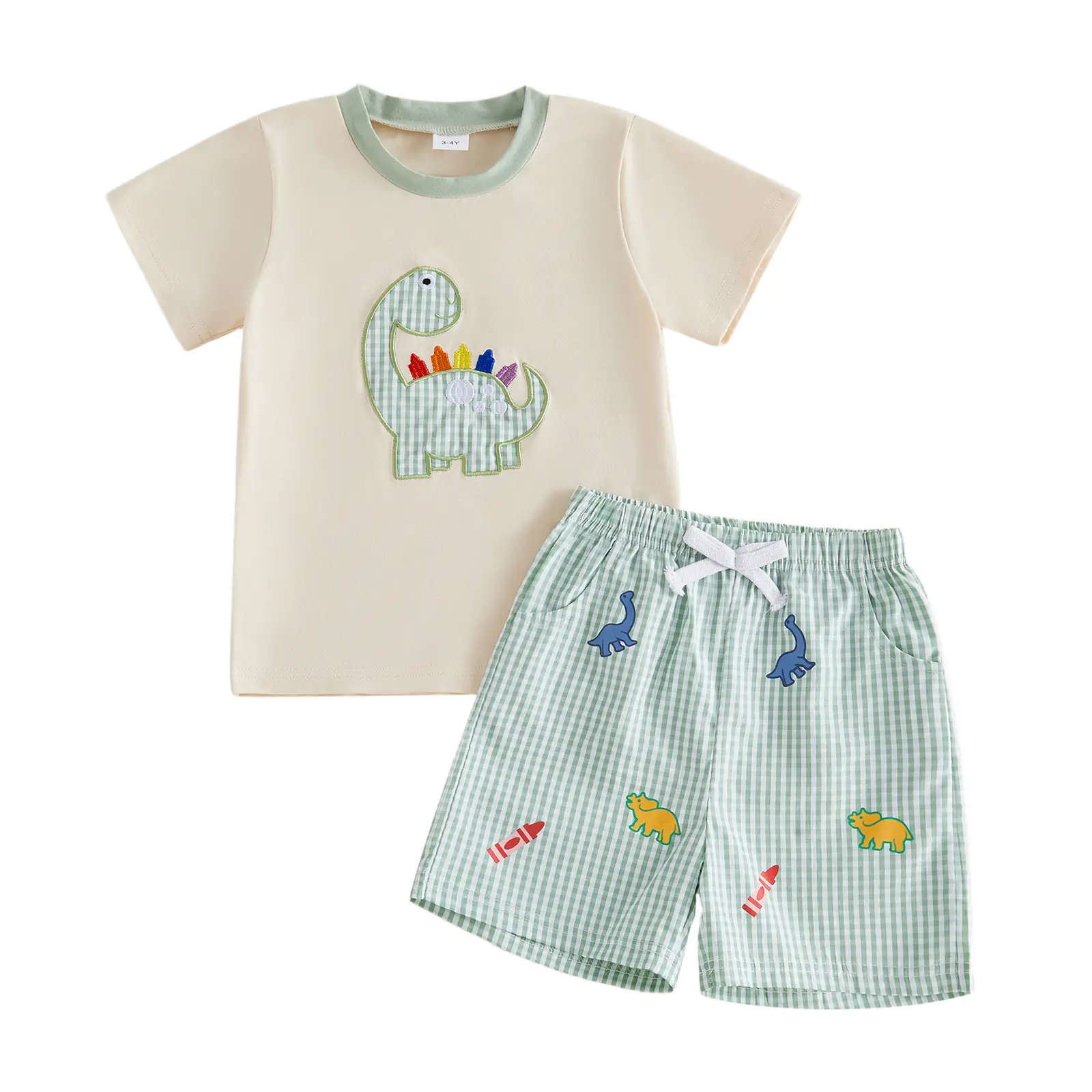Toddler Baby Little Boys Back to School Outfits Dinosaur Embroidery Short Sleeve Tops and Striped Shorts Set 1-6 Years