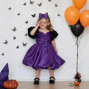 Kids Clothes with Headband Purple Halloween Dress 030 Children Cosplay Costume Fancy Carnival Pumpkin Witch Vampire Party Holiday Princess Frock 3-10Y