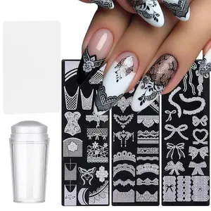 3Pcs Lace Nail Stamping Plate Set- Nail Press Molds, French Tip Silicone Nail Stamper, Bow Lace Design with Nail Stamp Stencils & Scrapers for Women DIY Manicure Art Accessories​