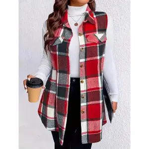 Plus Size Plaid Pattern Sleeveless Button-Front Collared Vest Jacket for Women with Curvy Figures Comfortable Casual Wear Can be used with raincoat Winter Womenswear Polyester Spandex