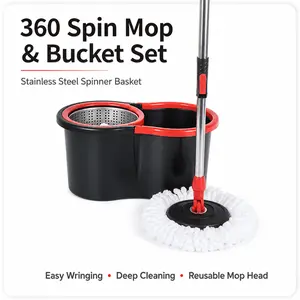 Spin Mop and Bucket Set, 360° Rotating Mop with 3 Microfiber Mop Heads, 61 in Adjustable Handle and Stainless Steel Spinner Basket for Home Floor Cleaning