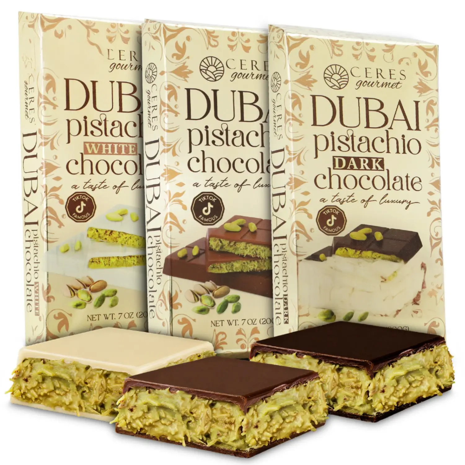 Dubai Chocolate Bars – Milk, Dark & White Chocolate – 7 oz Each- Pistachio Filled Crunchy Kataifi Bars | TikTok Viral