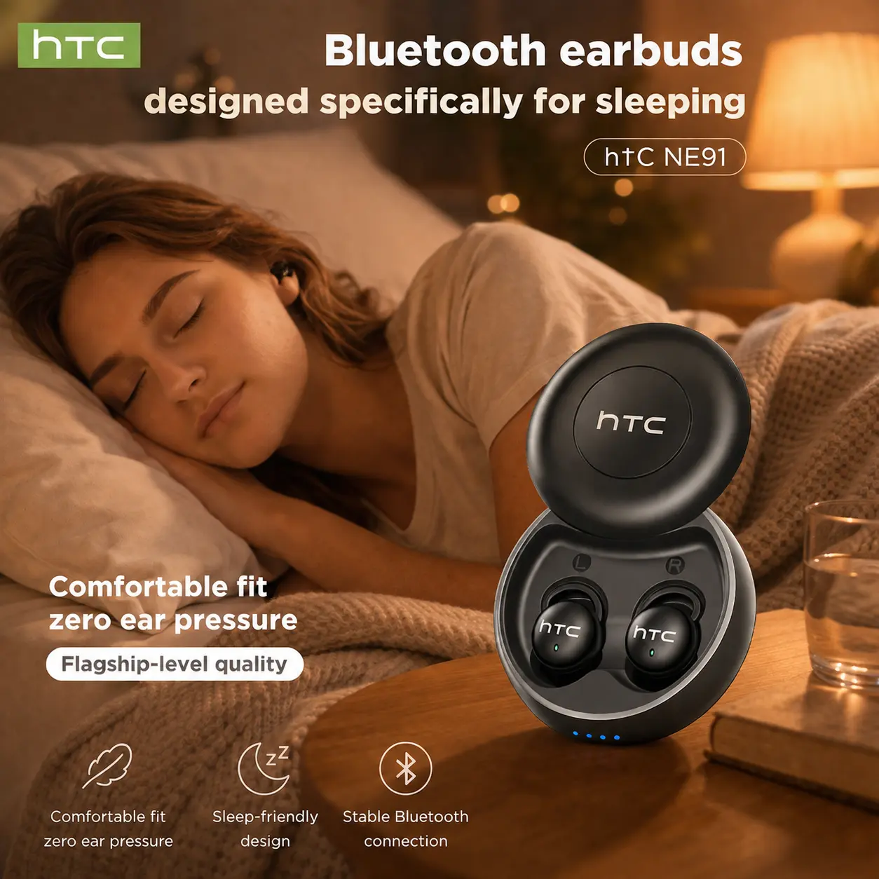 HTC NE91 Ultra-Comfort Sleep Earbuds, Bluetooth 6.0 Wireless Waterproof Earphones for Sleeping, Side Sleepers, Work, Gaming & Music, invisible earbuds