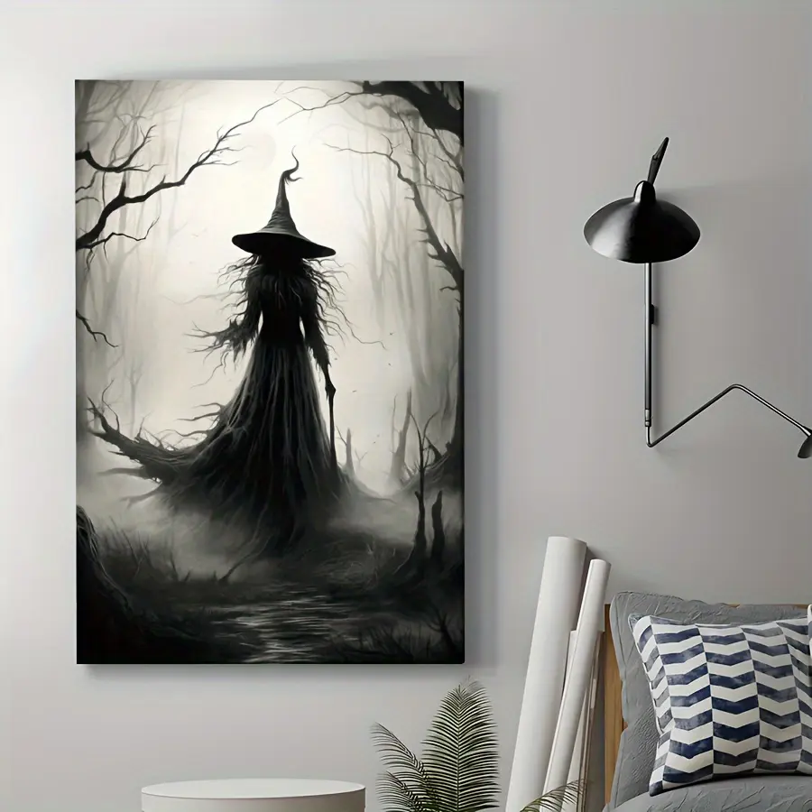 Monochrome Gothic Witch Bat & Moon Artistic Canvas Wall Art Print Kit - Multi-Size 12"x18"/24"x36" Wood-Framed, UV-Resistant Ink, Premium Canvas, Eco-Friendly Horror Decoration, Ready-to-Hang Room Hanging Home Gift