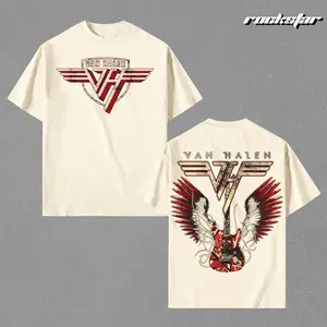 Van Halen T Shirts Oversized Vintage Double Print Graphic Tee Cream - Heavyweight Cotton, Classic VH Wing Logo Front & Winged Guitar Back, 90s Rock Band Streetwear Music T-Shirt Unisex