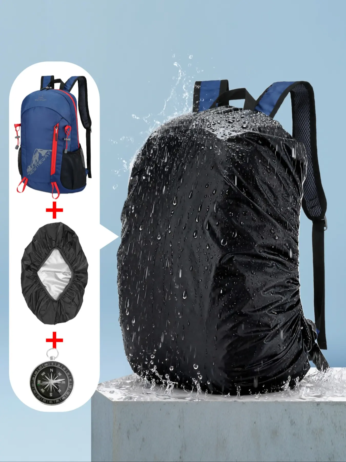Lightweight Foldable Backpack, Sporty Three-Piece Set with Rain Cover & Compass, Outdoor Camping Hiking Accessory for Teen Girls, Waterproof Backpack