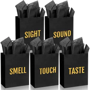 5 Senses  Bags for Him for Her with 10 count Tissue Paper, Paper Bags with Handles Five Senses Gifts for Valentines Christmas Birthday Wedding Anniversary(Black,10.2 x 4.7 x 13 Inch)