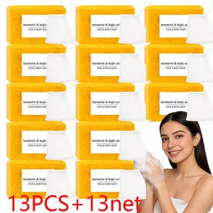 13 pieces of 100g curcumin kojic acid granule soap, with turmeric essence and lemon, with 13 foaming nets, rich soaking, deep cleaning, Cleanser, moisturizing and brightening, suitable for body and face cleaning, suitable for both men and women, Hydrating