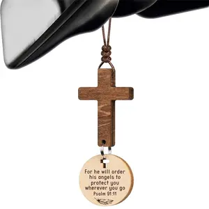 Bible Verse Car Rearview Mirror Hanging Cross Decor, Faith That Travels With You Solid Carved Hand-Sanded Christian Accessory, Car Mirror Decoration, Spiritual Touch, Ideal Holiday Gift – Automotive Accessories