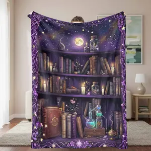 Moonlight Alchemy Library Flannel Blanket Mystic Potion Bottles and Vintage Books Print Soft Warm Cozy Durable Decorative Throw Perfect for Bedroom Living Room Reading Nook Meditation Space Gift