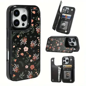 Floral and Plant Minimalist Pattern Leather Card Holder Phone Case, Suitable for iPhone 17 Air/16 Plus/15 Pro Max/14 Pro/13/12/11/XS Max/X Phone Case, Perfect Gift for Thanksgiving and Christmas for Family, Friends, Lovers, Boyfriend, Girlfriend