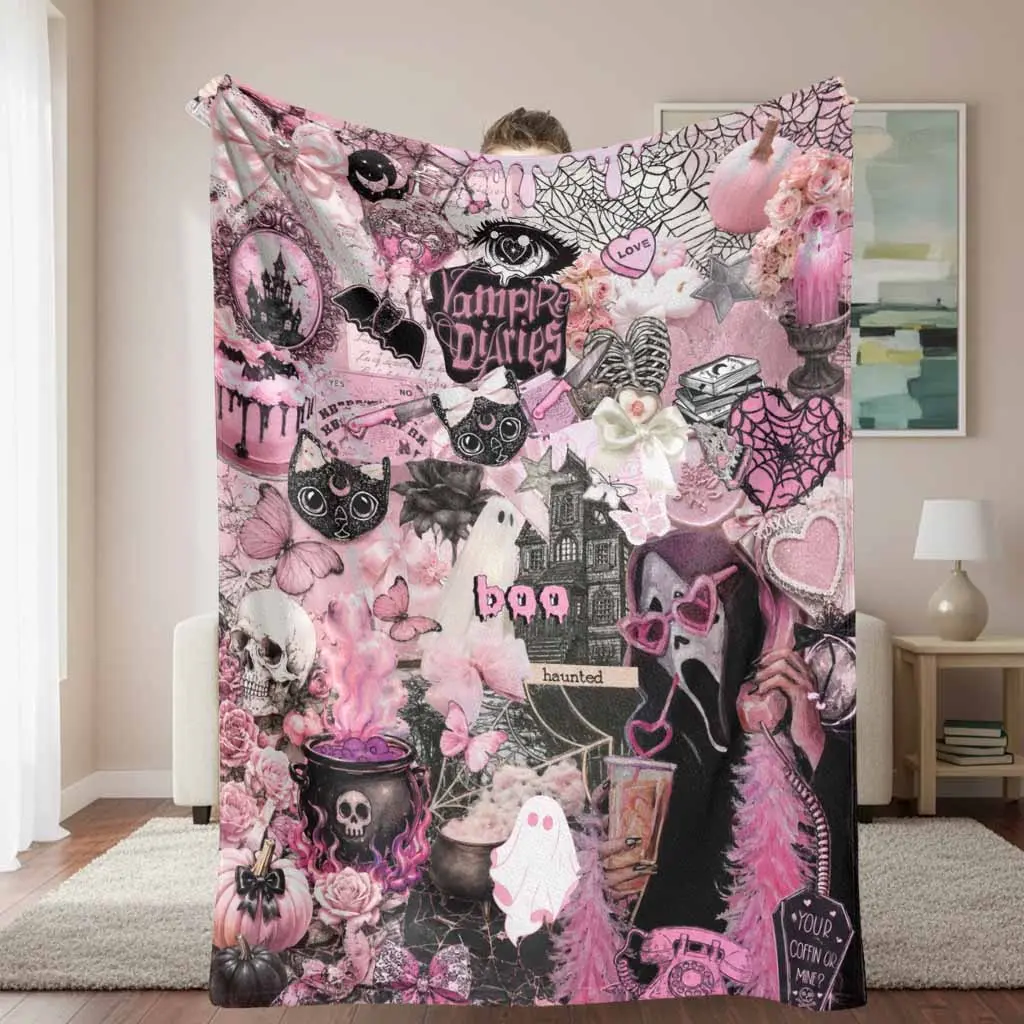 Pink Gothic Flannel Throw Blanket, Halloween Aesthetic Design with Vampire, Cat, Ghost, Pumpkin, Rose & Web Prints, Soft Cozy Lightweight Warm for Sofa Bed, Gift for Her Home Decor