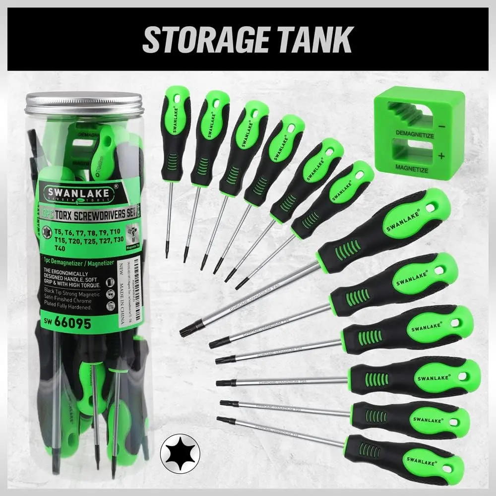 Magnetic Torx Screwdriver Set - 13 Pieces - Chrome Vanadium Steel, T5 to T40 Star Screwdrivers, Cushion Grip Handle, Magnetic Tips