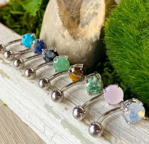 Solitaire Semi-Precious Belly Ring Natural Stone Pierced Navel Naval 14g Prong