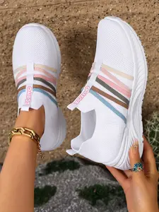 Women's Rainbow Color Casual Sports Shoes, One-Step Breathable Mesh Lightweight Sneakers, Beach Vacation Camping Spring Summer