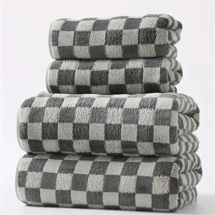 Plaid Coral Fleece Towel Set, Checkered Towels, High Absorbent Premium Bath Towels 70x140cm & Hand Towels 35x75cm, Bath Towel Sets, Perfect for Bathroom Gym Gifts, Soft Absorbent Water Absorbent Towel