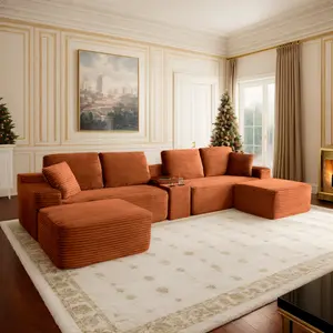 Eyisean 125"/111" Cloud Boneless Sofa Couch with Cup Holder & Storage, Modern Corduroy U Shaped/L Shaped Modular Sectional Sofa with Deep Seat, USB Ports, No Assembly Required, Comfy Couches for Living Room