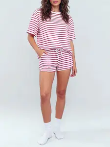 Women's Striped Knit Short Set, Loose Fit Casual Summer, Round Neck & Drawstring Design, All-Season Wearable Womenswear