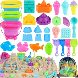 P-TBT062  Collapsible Beach Toys for Kids Toddlers, 3 Foldable Buckets and Shovels Set, Sand Castle Building Kit, Ice Cream Travel Sand Toys for Sandbox & Mesh Bag, Beach Essentials for Boys Girls Age 3-10