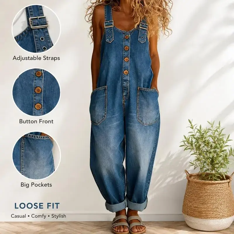 Lady's Basic Strappy Denim Overalls - Women's Loose-Fit, Adjustable-Strap, Button-Front Jumpsuit with Big Pockets, Customized Style for Casual Daily Wear (Sports & Outdoor Clothing Set)