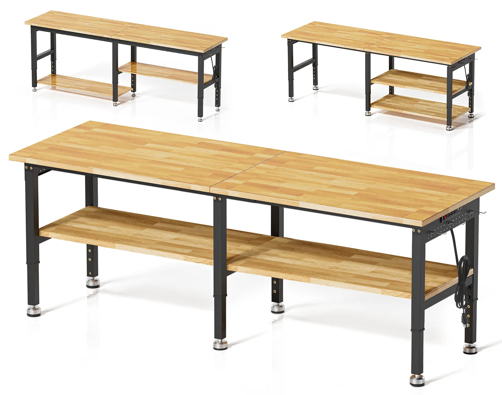 MUWOOD 96”84”72”Heavy Duty Work Bench, 2-Layer Adjustable Workbench, 5000 LBS Capacity Work Bench with Power Outlet & Pegboard, Rubber Wood Work Table for Garage, Workshop, Office, Home